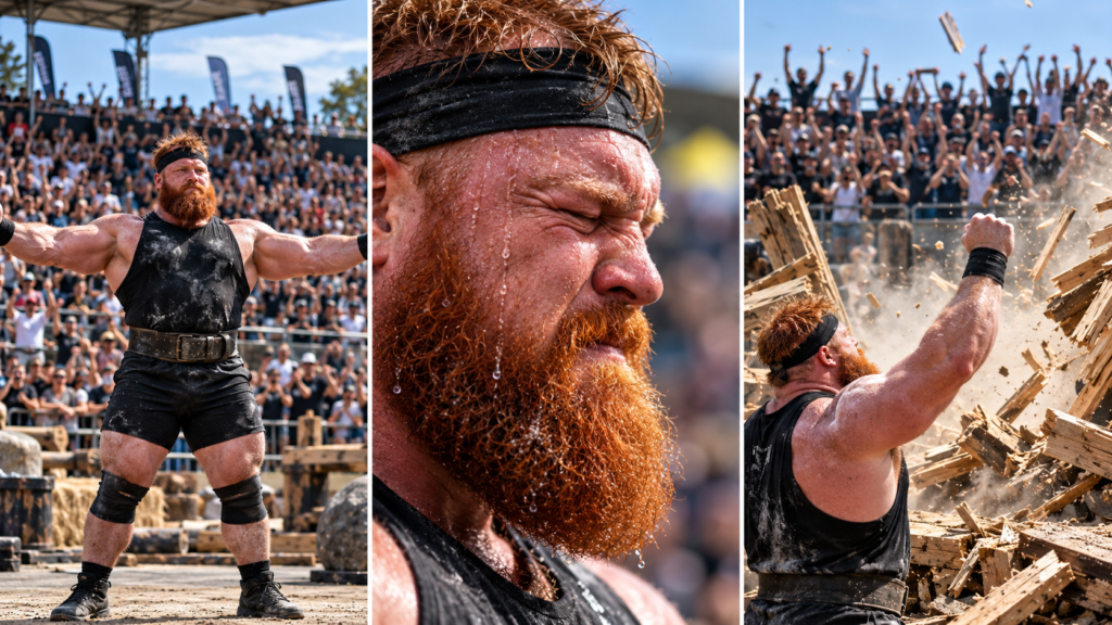 Three-panel strongman triptych — red-bearded athlete posing before a crowd, sweating close-up, and smashing wooden planks.