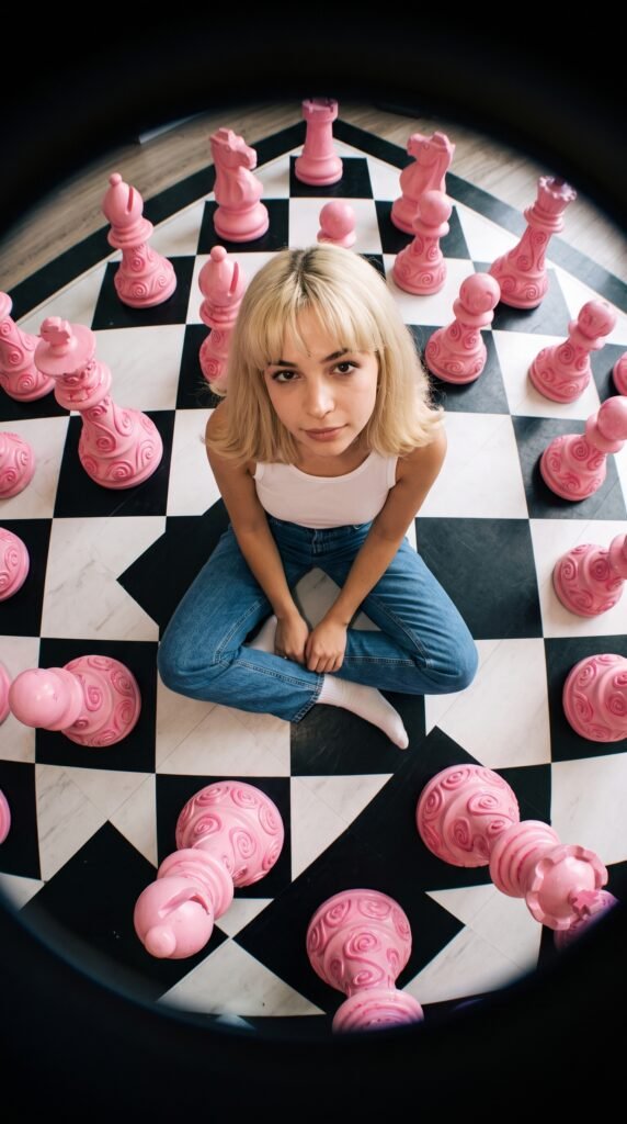 Photorealistic fisheye portrait of a young woman with platinum blonde hair sitting on a giant black-and-white chessboard floor surrounded by ornate pink chess pieces.