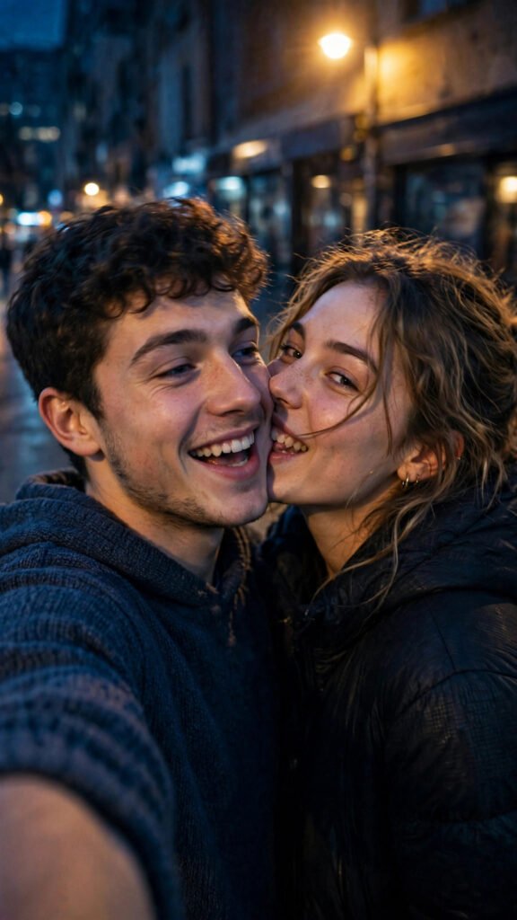 Candid Night Streetlight Couple Selfie