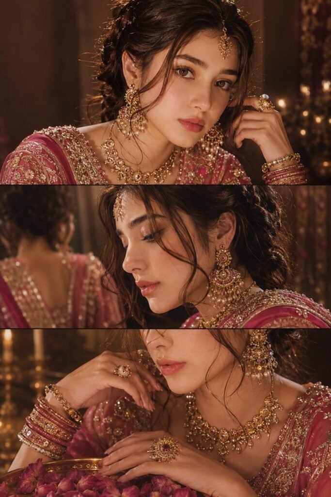 Royal Bridal Glow — three-panel bridal portrait in red and gold embroidered outfit with heavy gold jewelry