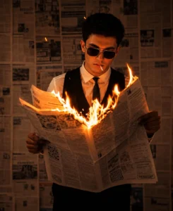 Cinematic Burning Newspaper Portrait Prompt (ChatGPT)