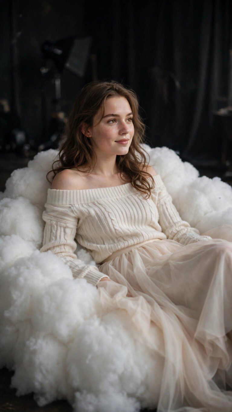Dreamy cloud recline studio portrait of a woman in an off-shoulder knit