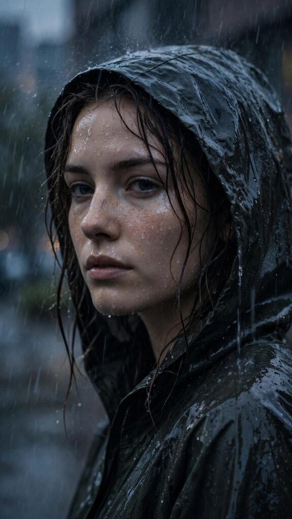 Rain-soaked raincoat close-up portrait of a woman in rainfall