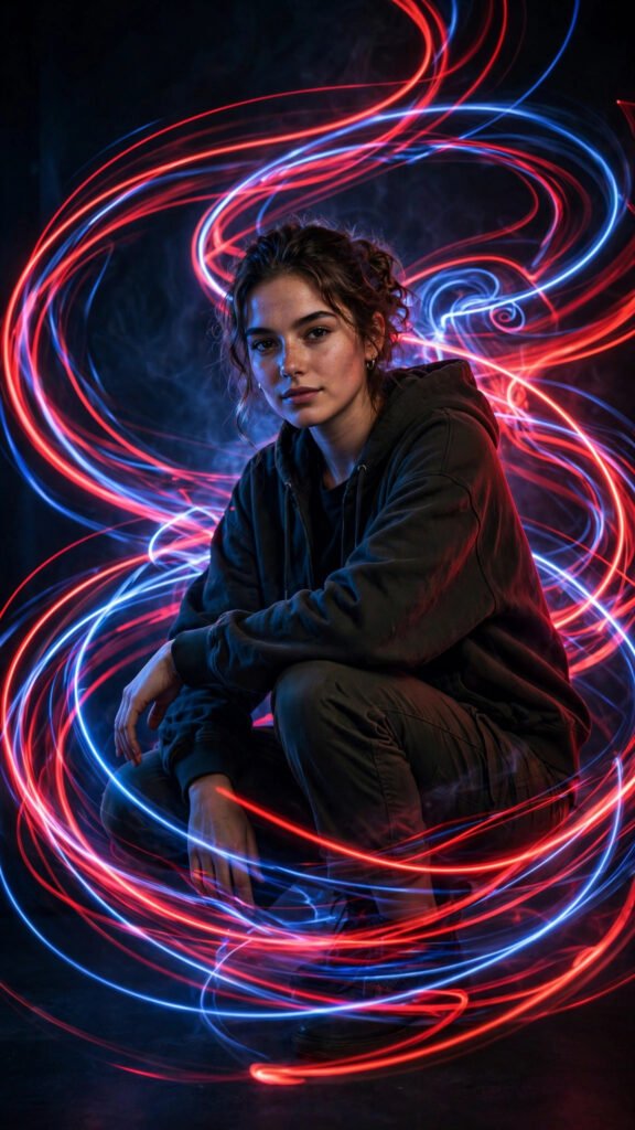 Neon light trails crouch portrait of a woman in red and blue glow
