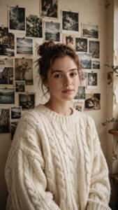 90s retro film portrait of a woman in a cream sweater before a photo wall