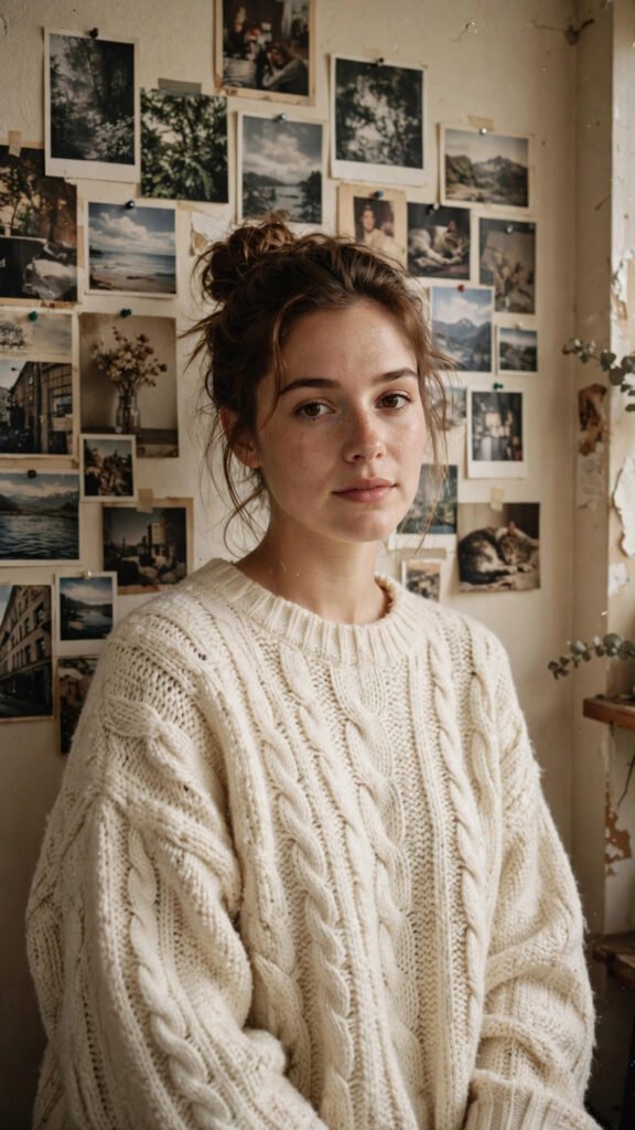 90s retro film portrait of a woman in a cream sweater before a photo wall