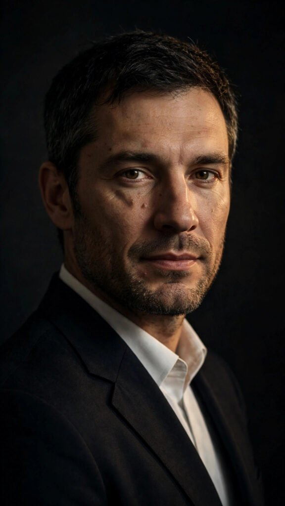 Dark corporate headshot portrait of a man with dramatic studio lighting