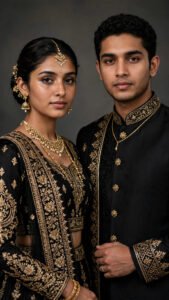 Black and gold traditional South Asian couple studio portrait