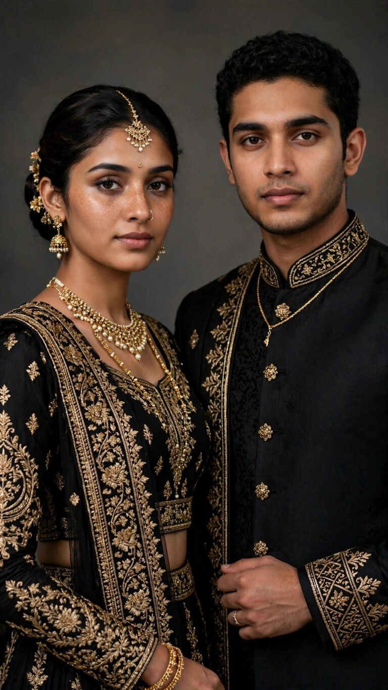 Black and gold traditional South Asian couple studio portrait