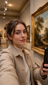 Museum gallery selfie portrait of a woman beside a framed artwork