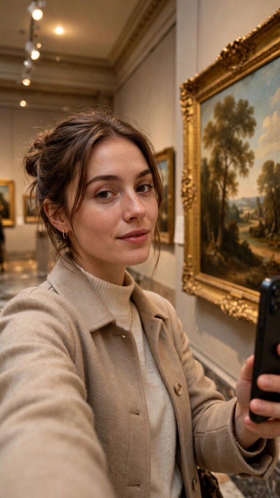 Museum gallery selfie portrait of a woman beside a framed artwork