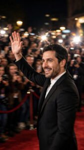 Red carpet paparazzi candid of a man waving amid camera flashes