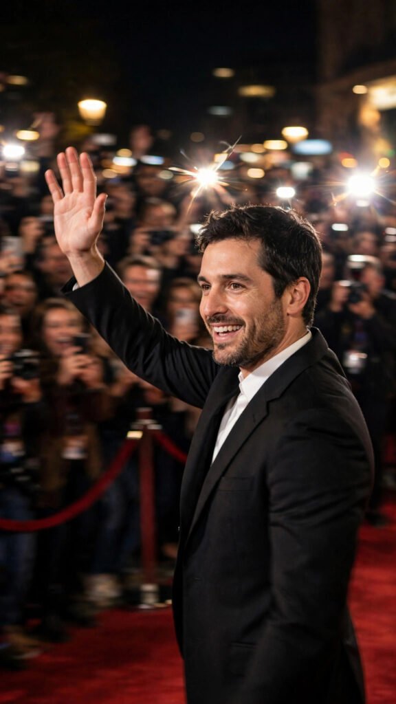 Red carpet paparazzi candid of a man waving amid camera flashes