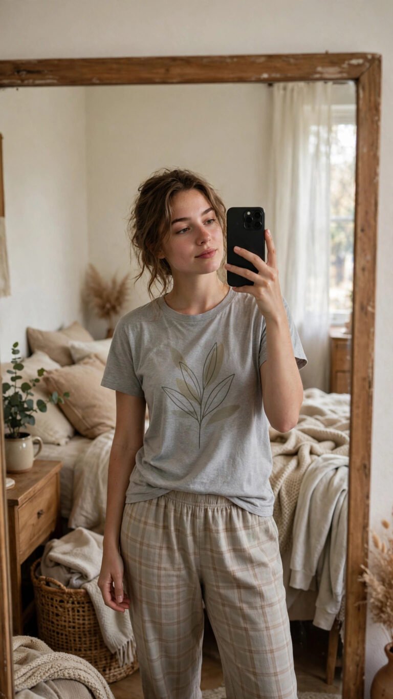Cozy bedroom mirror selfie portrait of a woman in pajamas