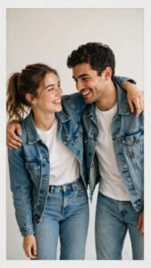 Denim couple polaroid-style portrait in matching outfits