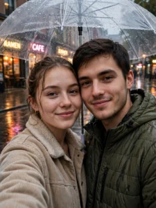 Rainy Evening Couple Selfie Prompt — Cozy Umbrella Portrait (Gemini)