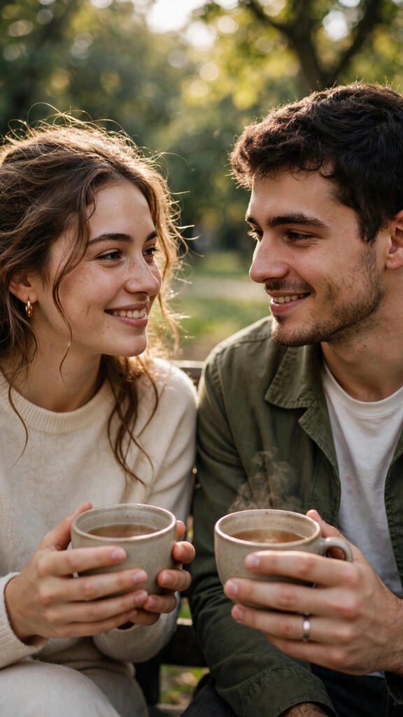 Couple sharing tea outdoors candid portrait