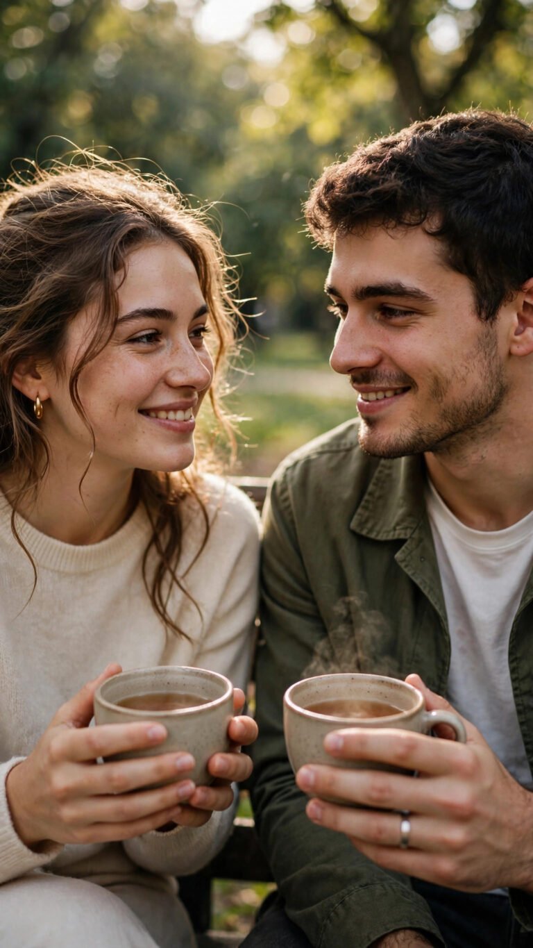 Couple sharing tea outdoors candid portrait