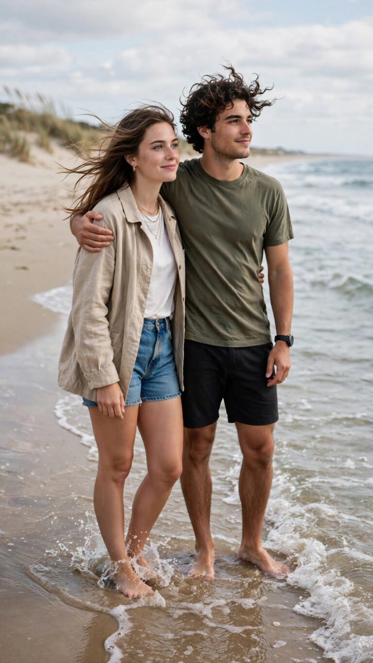Couple standing on sandy beach shore portrait