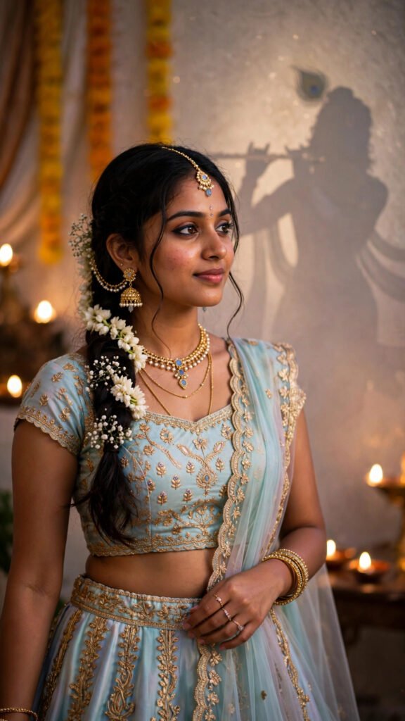 Indian woman in pastel blue and gold lehenga portrait