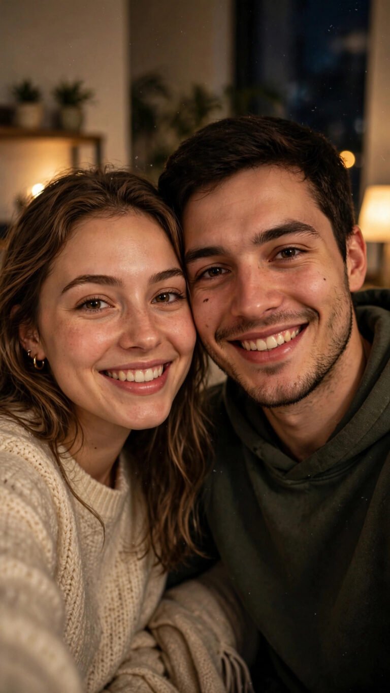 Cozy night indoor couple selfie portrait