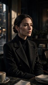 Cinematic noir cafe portrait quiet luxury