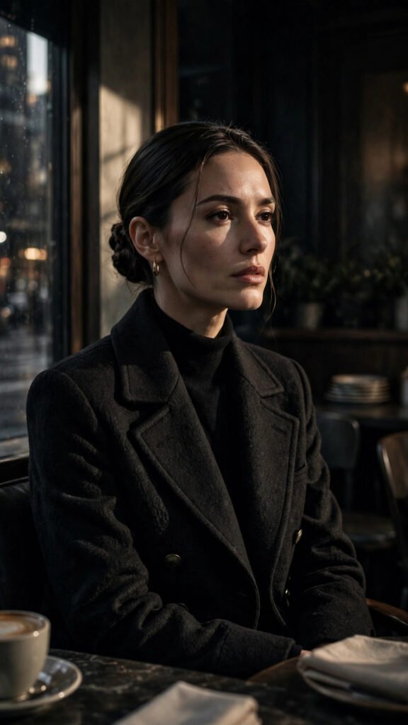 Cinematic noir cafe portrait quiet luxury