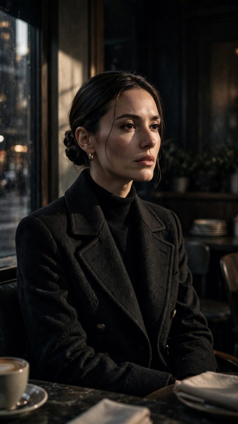 Cinematic noir cafe portrait quiet luxury