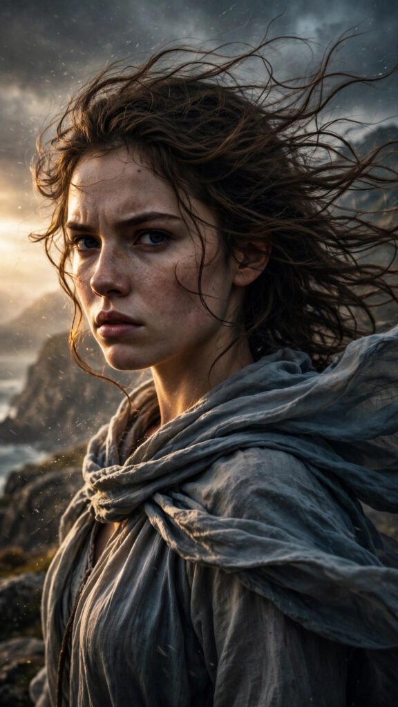 Windswept cinematic light portrait of woman