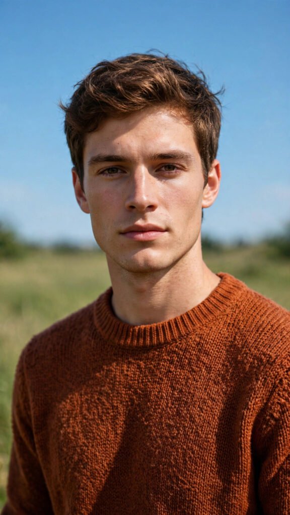 Young man in rust sweater under summer sky portrait