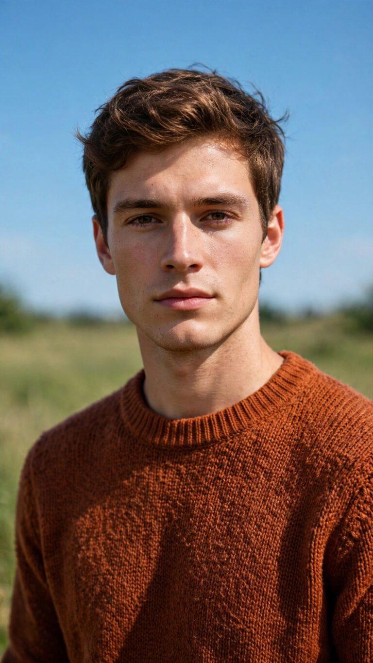 Young man in rust sweater under summer sky portrait