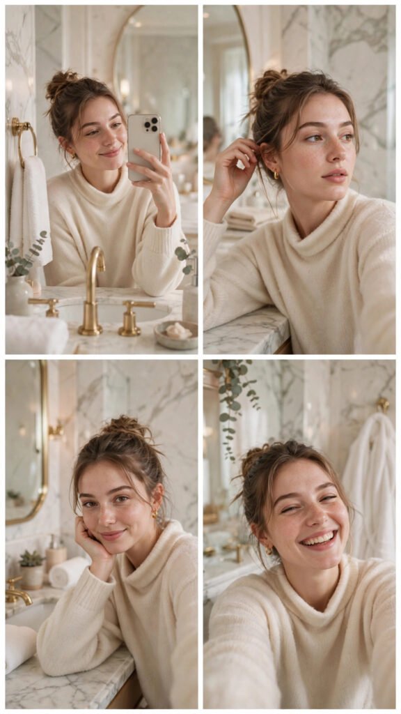 Milky hotel bathroom selfie collage portrait