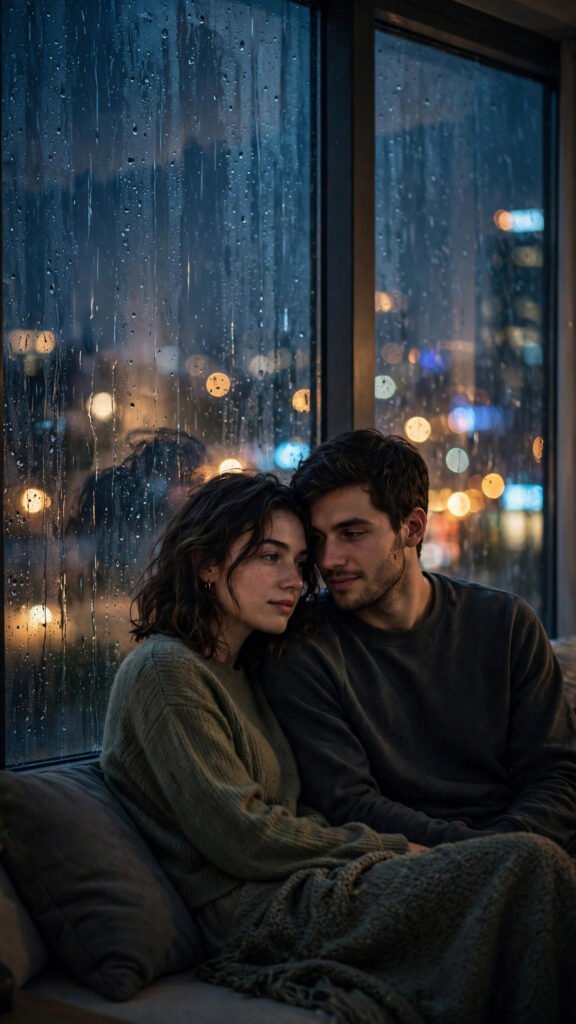 Rainy Window City Lights Couple