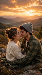 Mountain Sunset Kiss Couple Portrait