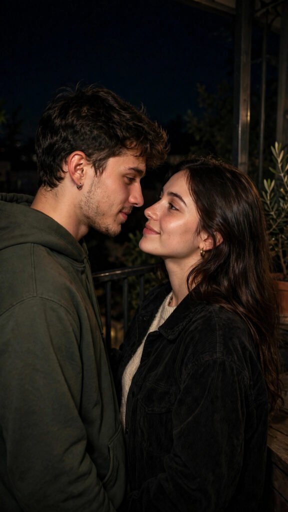 Night Balcony Embrace Couple Portrait