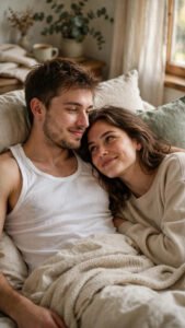 Cozy Bed Cuddle Couple Portrait