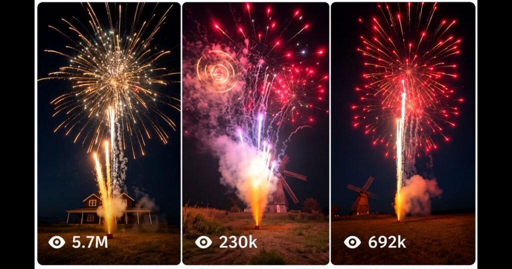Three-panel night fireworks showcase — gold and red aerial bursts over rural fields.