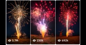 Three-panel night fireworks showcase — gold and red aerial bursts over rural fields.