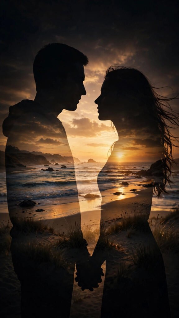 Double-Exposure Beach Couple Silhouette Portrait
