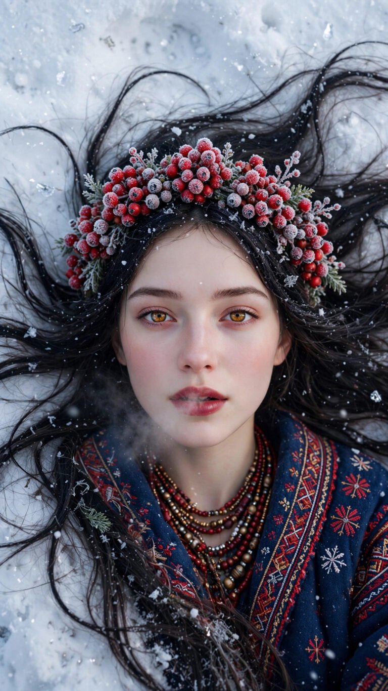 Top-down winter portrait of a young woman lying in snow wearing a frosted red berry crown and an embroidered folk coat