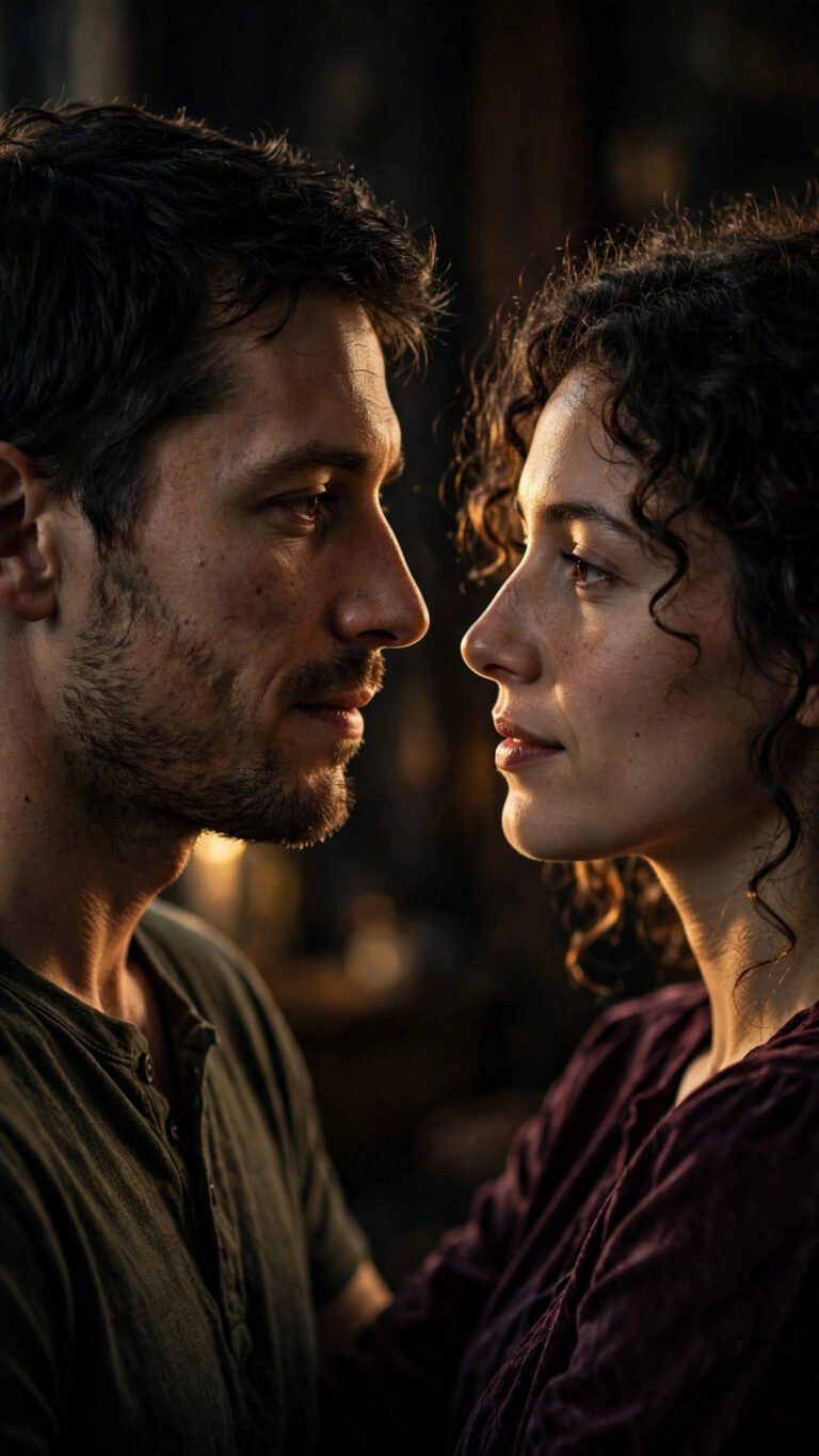 Cinematic close-up of a romantic couple face to face in warm golden side-light against a dark background