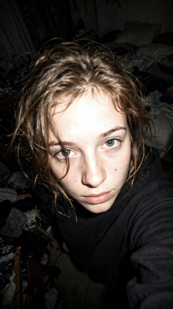 Grainy early-2000s style flash selfie of a young woman taken from above in a dim messy bedroom
