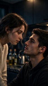 Intimate cinematic portrait of a young couple face to face in a dark kitchen at night
