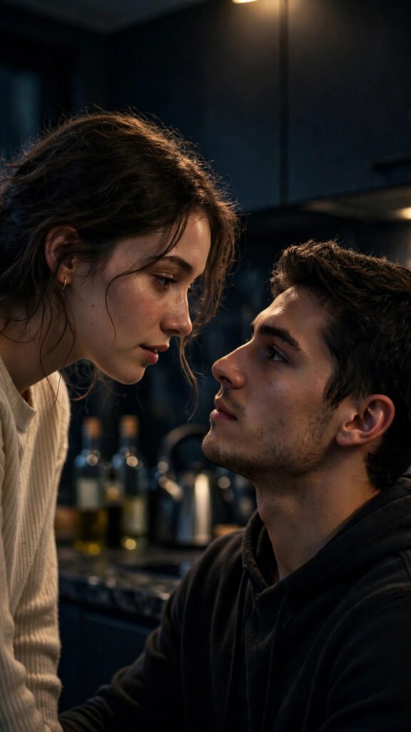 Intimate cinematic portrait of a young couple face to face in a dark kitchen at night