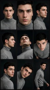 Nine-panel character reference grid showing the same young man in a grey turtleneck from nine studio angles