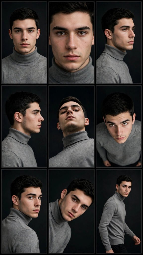 Nine-panel character reference grid showing the same young man in a grey turtleneck from nine studio angles