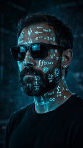 Futuristic portrait of a bearded man in sunglasses with glowing cyan equations projected on his face