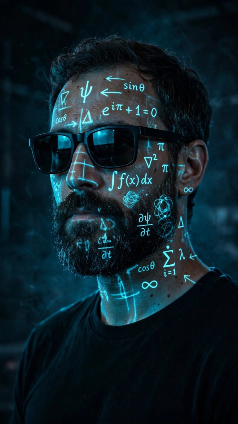 Futuristic portrait of a bearded man in sunglasses with glowing cyan equations projected on his face