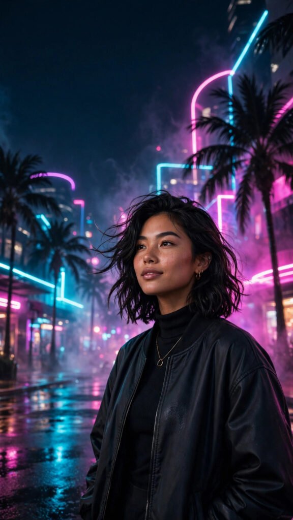 Neon-city night portrait of a young woman in a black jacket among magenta and cyan neon signs and palm trees
